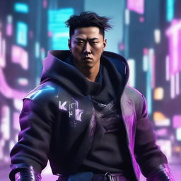 Generate a hyper-realistic, 4K image of a cool and handsome Korean man in cyberpunk attire