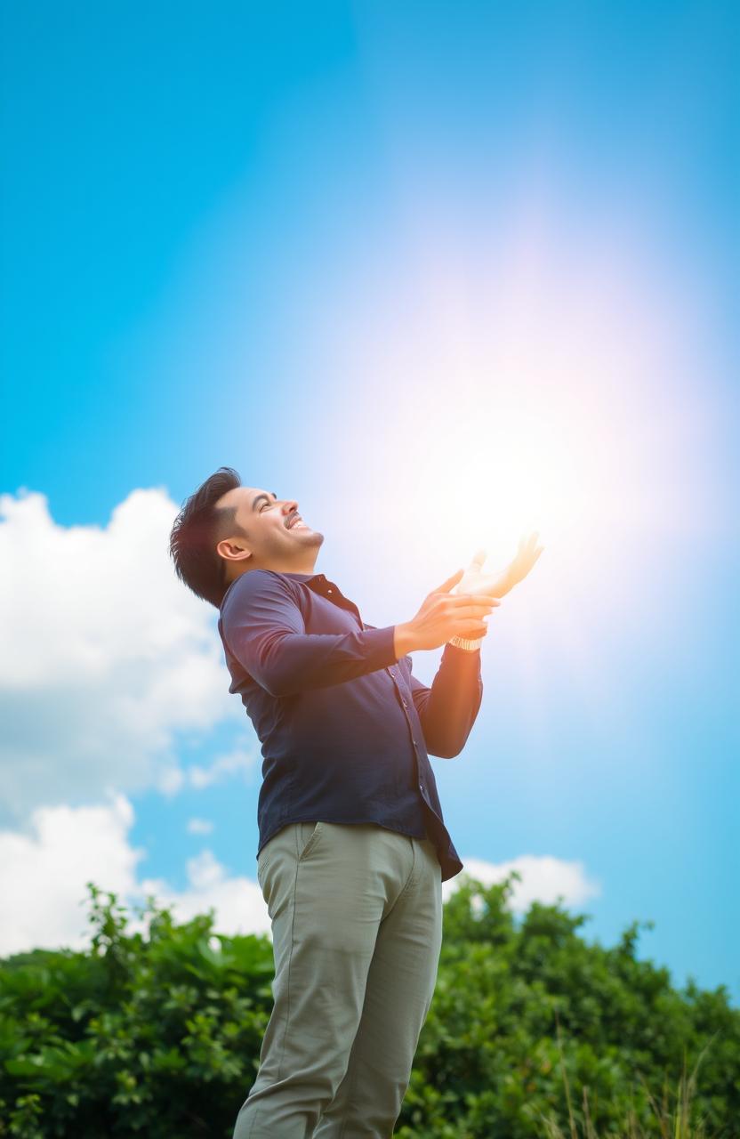 A man standing confidently under a clear blue sky, holding a beautiful, glowing bright light emanating warm yellow and white rays