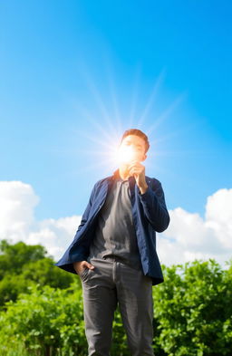 A man standing confidently under a clear blue sky, holding a beautiful, glowing bright light emanating warm yellow and white rays