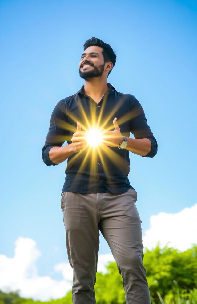 A man standing confidently under a clear blue sky, holding a beautiful, glowing bright light emanating warm yellow and white rays