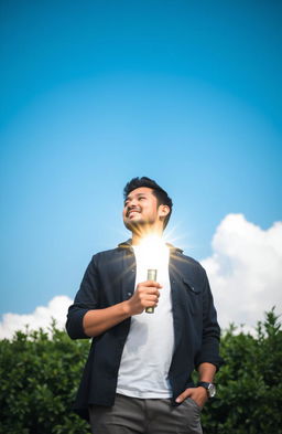 A man standing confidently under a clear blue sky, holding a beautiful, glowing bright light emanating warm yellow and white rays