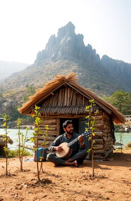 A serene scene set at the foot of a small mountain, featuring a quaint hut built from local materials