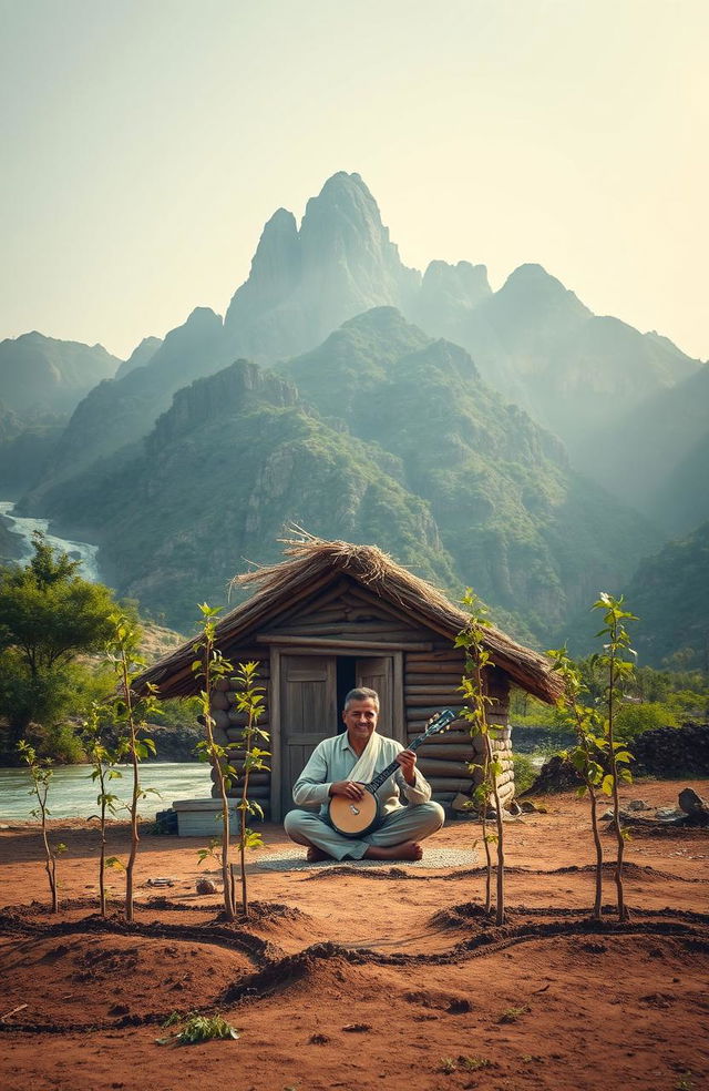 A serene scene set at the foot of a small mountain, featuring a quaint hut built from local materials