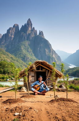 A serene scene set at the foot of a small mountain, featuring a quaint hut built from local materials