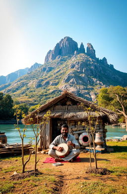 A serene scene set at the foot of a small mountain, featuring a quaint hut built from local materials