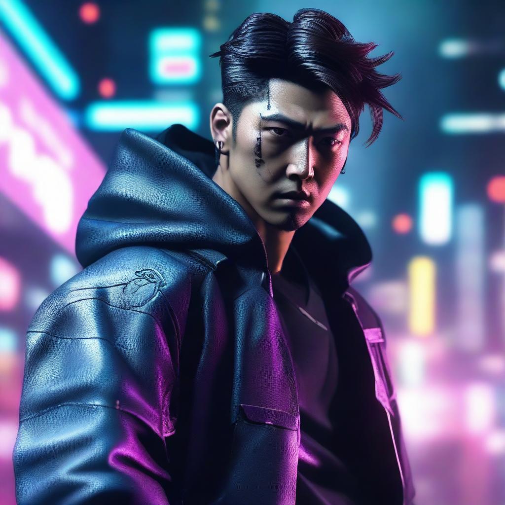 Generate a hyper-realistic, 4K image of a cool and handsome Korean man in cyberpunk attire