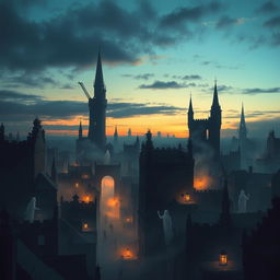 A hauntingly beautiful city of wraiths set against a twilight sky