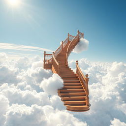 A surreal and imaginative scene depicting a grand staircase floating in the sky, surrounded by fluffy white clouds and soft blue skies
