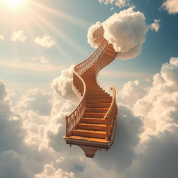 A surreal and imaginative scene depicting a grand staircase floating in the sky, surrounded by fluffy white clouds and soft blue skies