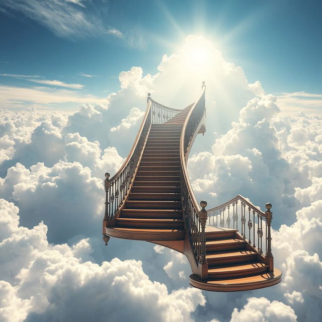 A surreal and imaginative scene depicting a grand staircase floating in the sky, surrounded by fluffy white clouds and soft blue skies