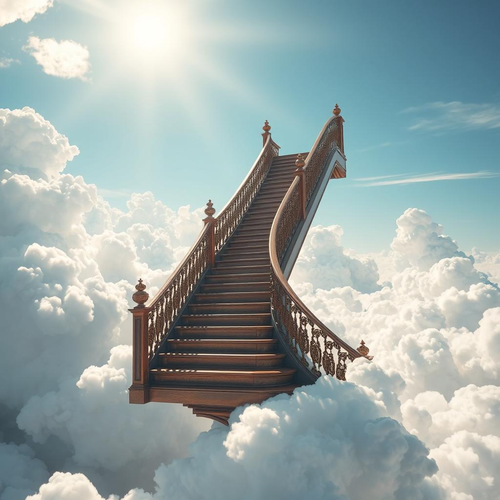 A surreal and imaginative scene depicting a grand staircase floating in the sky, surrounded by fluffy white clouds and soft blue skies