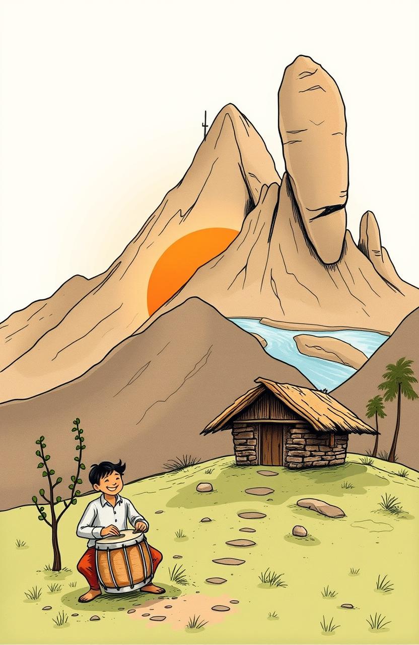 A serene landscape depicting a small mountain village with a cozy hut at its foot