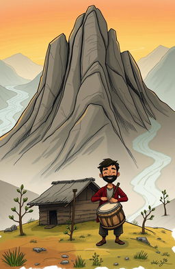 A serene landscape depicting a small mountain village with a cozy hut at its foot