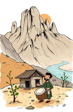 A serene landscape depicting a small mountain village with a cozy hut at its foot