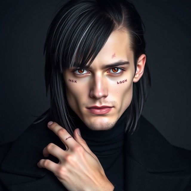 A handsome man with long black hair styled in a wolf cut and a striking white fringe, showcasing his dark red eyes that draw attention