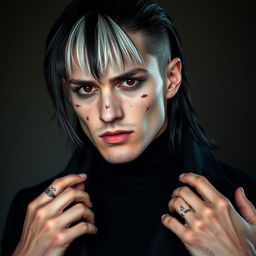 A handsome man with long black hair styled in a wolf cut and a striking white fringe, showcasing his dark red eyes that draw attention