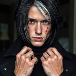 A handsome man with long black hair styled in a wolf cut and a striking white fringe, showcasing his dark red eyes that draw attention