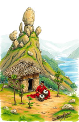 A serene village scene at the foot of a small mountain, showcasing a humble hut made of local materials