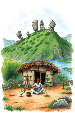 A serene village scene at the foot of a small mountain, showcasing a humble hut made of local materials
