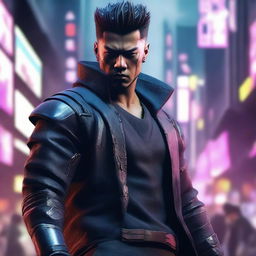 Craft a hyper-realistic, 4K image of a cool and handsome man in cyberpunk style, engaged in combat with the poise and discipline of a samurai