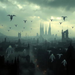 A dark cityscape filled with ethereal wraiths floating through the air, surrounded by a haunting ambiance