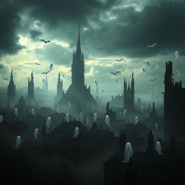 A dark cityscape filled with ethereal wraiths floating through the air, surrounded by a haunting ambiance