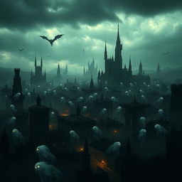 A dark cityscape filled with ethereal wraiths floating through the air, surrounded by a haunting ambiance