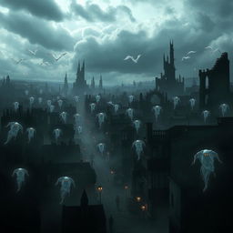 A dark cityscape filled with ethereal wraiths floating through the air, surrounded by a haunting ambiance