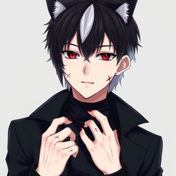 A male character with a unique hairstyle, featuring a middle-length wolf cut, with a defined middle part and striking black hair accented by a dramatic white fringe that reaches eye length