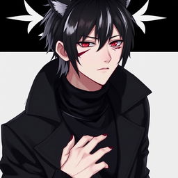 A male character with a unique hairstyle, featuring a middle-length wolf cut, with a defined middle part and striking black hair accented by a dramatic white fringe that reaches eye length