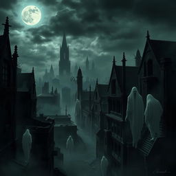 A dark, atmospheric city inhabited by wraiths, with ghostly figures floating among the ruins