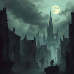 A dark, atmospheric city inhabited by wraiths, with ghostly figures floating among the ruins