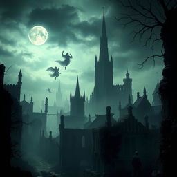 A dark, atmospheric city inhabited by wraiths, with ghostly figures floating among the ruins