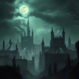 A dark, atmospheric city inhabited by wraiths, with ghostly figures floating among the ruins