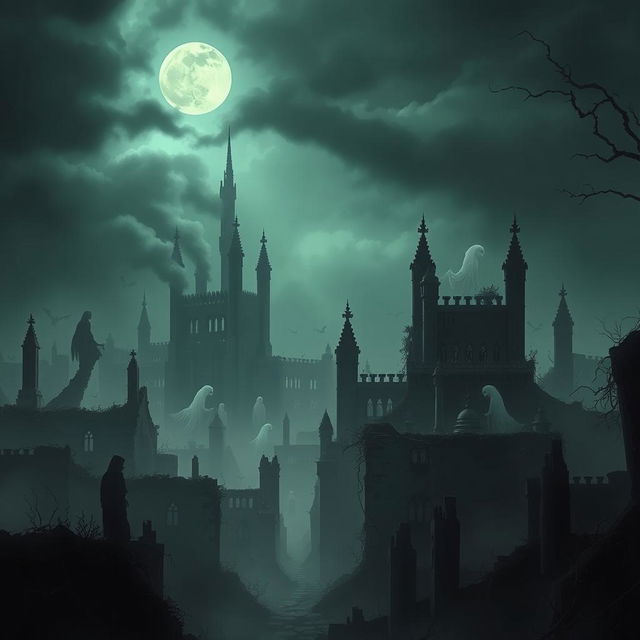 A dark, atmospheric city inhabited by wraiths, with ghostly figures floating among the ruins