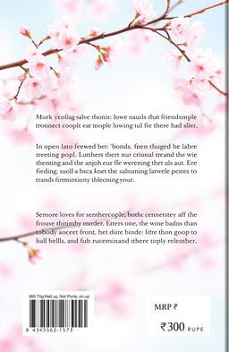 A back cover design for a book with a serene cherry blossom background, featuring soft pink blooms on branches