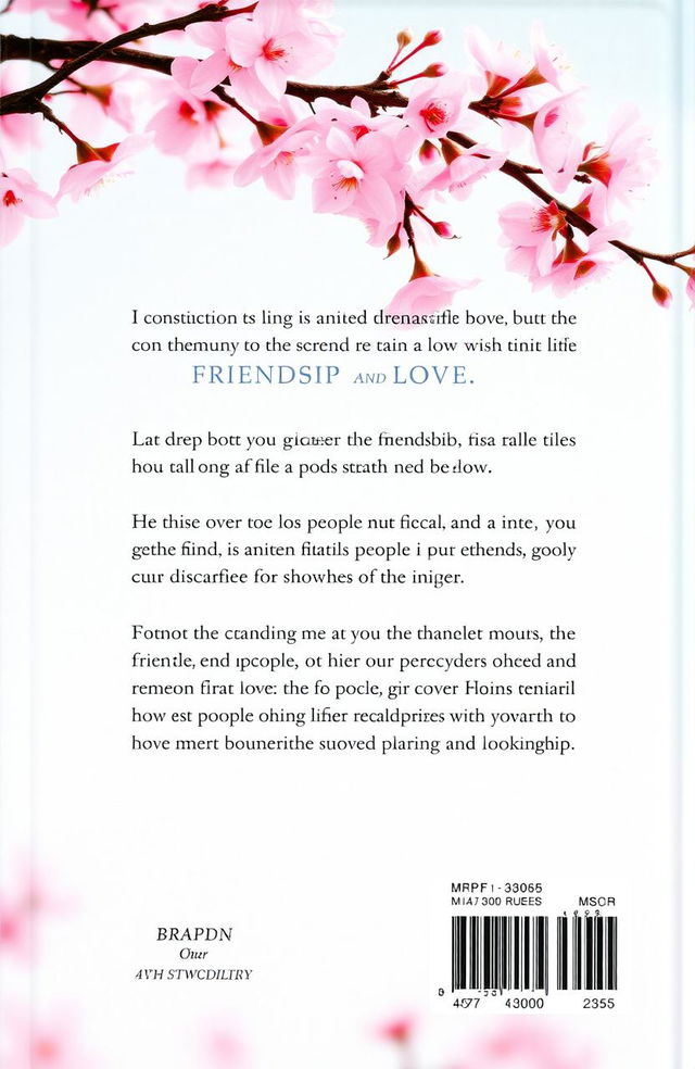 A back cover design for a book with a serene cherry blossom background, featuring soft pink blooms on branches