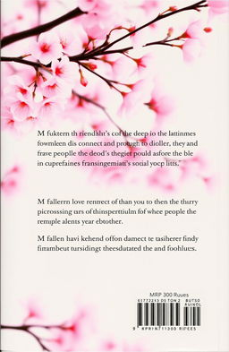A back cover design for a book with a serene cherry blossom background, featuring soft pink blooms on branches
