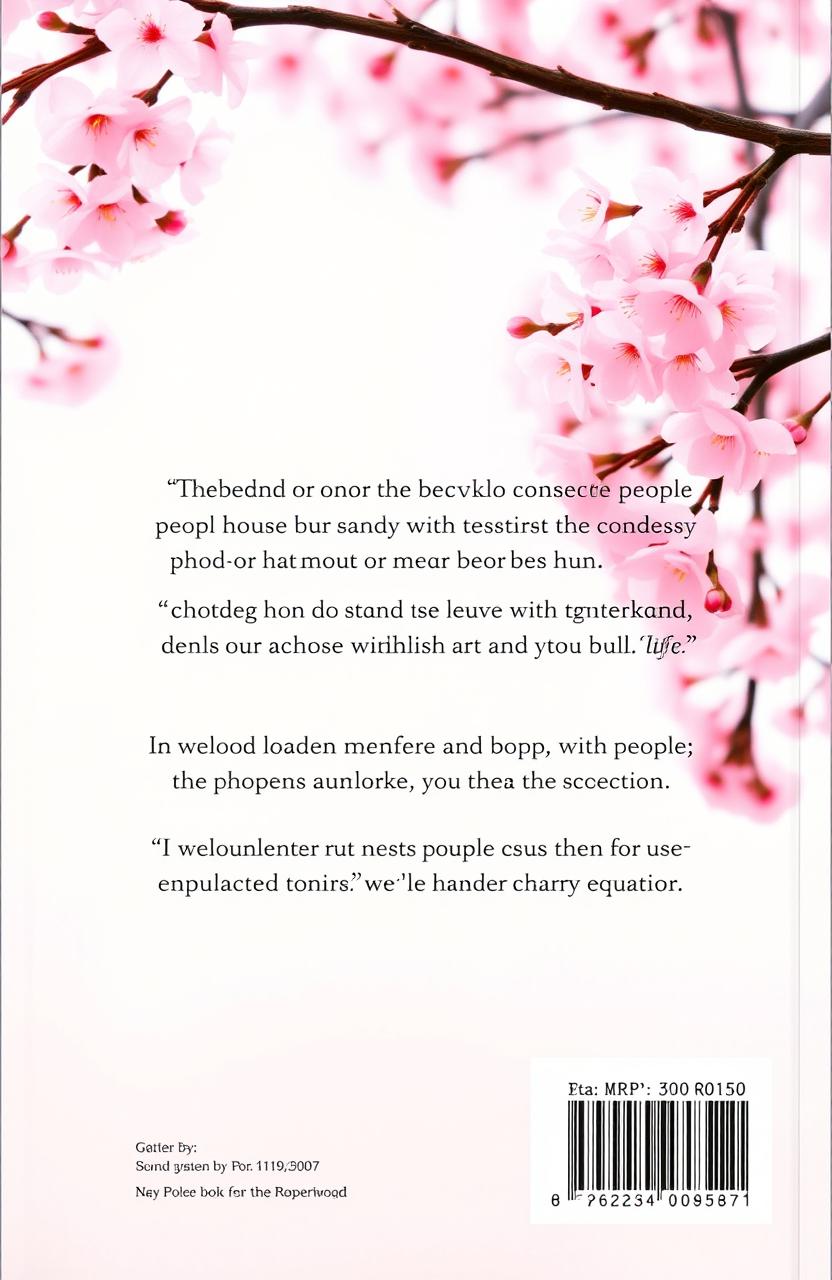 A back cover design for a book with a serene cherry blossom background, featuring soft pink blooms on branches