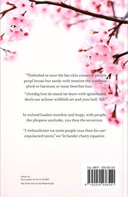 A back cover design for a book with a serene cherry blossom background, featuring soft pink blooms on branches