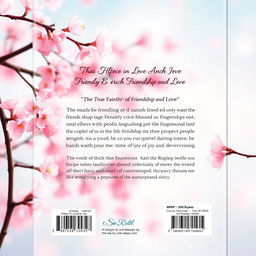 Design a visually appealing back cover of a book featuring a tranquil cherry blossom background, with delicate pink petals scattered throughout