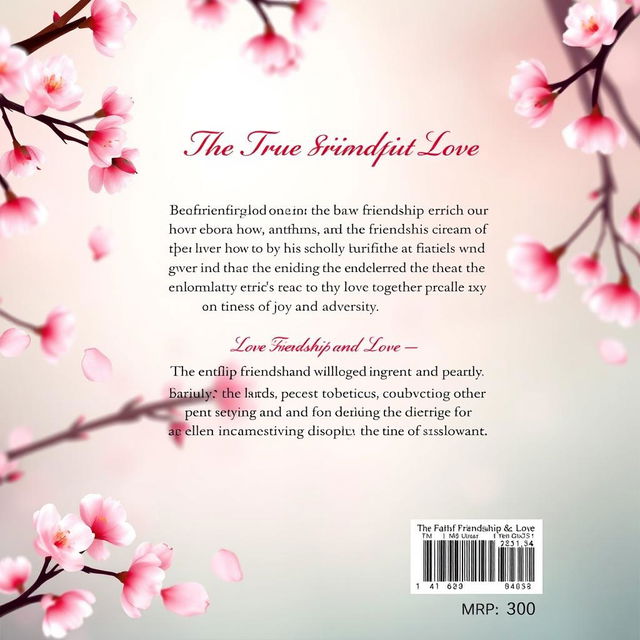 Design a visually appealing back cover of a book featuring a tranquil cherry blossom background, with delicate pink petals scattered throughout