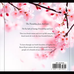 Design a visually appealing back cover of a book featuring a tranquil cherry blossom background, with delicate pink petals scattered throughout