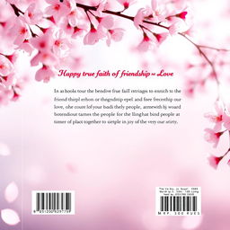 Design a visually appealing back cover of a book featuring a tranquil cherry blossom background, with delicate pink petals scattered throughout