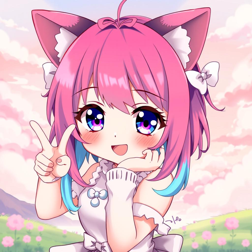 A cute anime girl, characterized by vibrant hair colors and expressive features, striking a playful pose