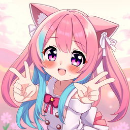 A cute anime girl, characterized by vibrant hair colors and expressive features, striking a playful pose