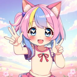 A cute anime girl, characterized by vibrant hair colors and expressive features, striking a playful pose