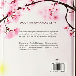 A beautifully designed back cover of a book featuring a stunning cherry blossom background, with delicate pink blossoms gently framing the text
