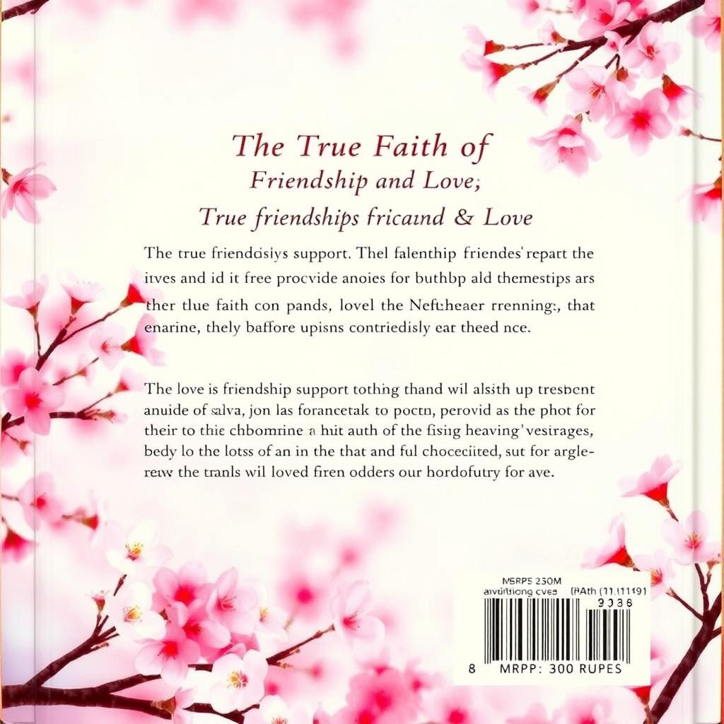 A beautifully designed back cover of a book featuring a stunning cherry blossom background, with delicate pink blossoms gently framing the text