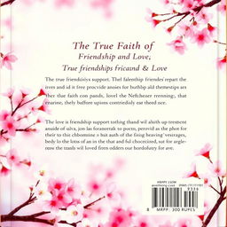 A beautifully designed back cover of a book featuring a stunning cherry blossom background, with delicate pink blossoms gently framing the text